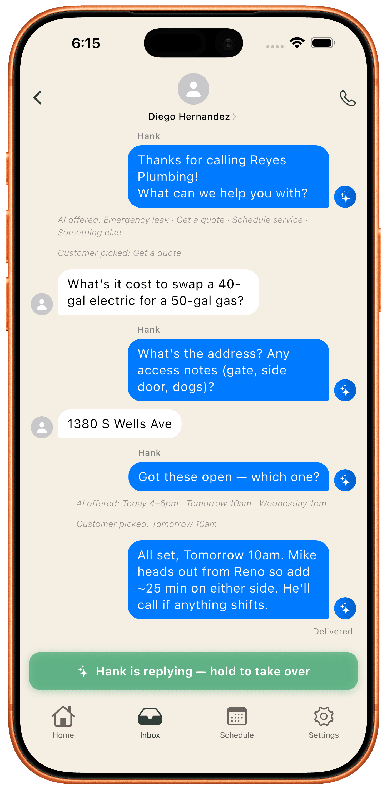 Real conversation — Hank booking a job via text