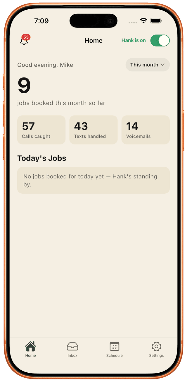 Real hank app home dashboard for a contracting shop: jobs booked, missed calls handled, recent wins